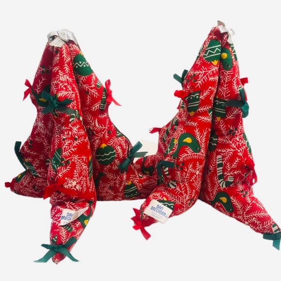 Two Vintage Quilted Fabric 8" Christmas Trees Bows Holiday Table Decor - Picture 7 of 11